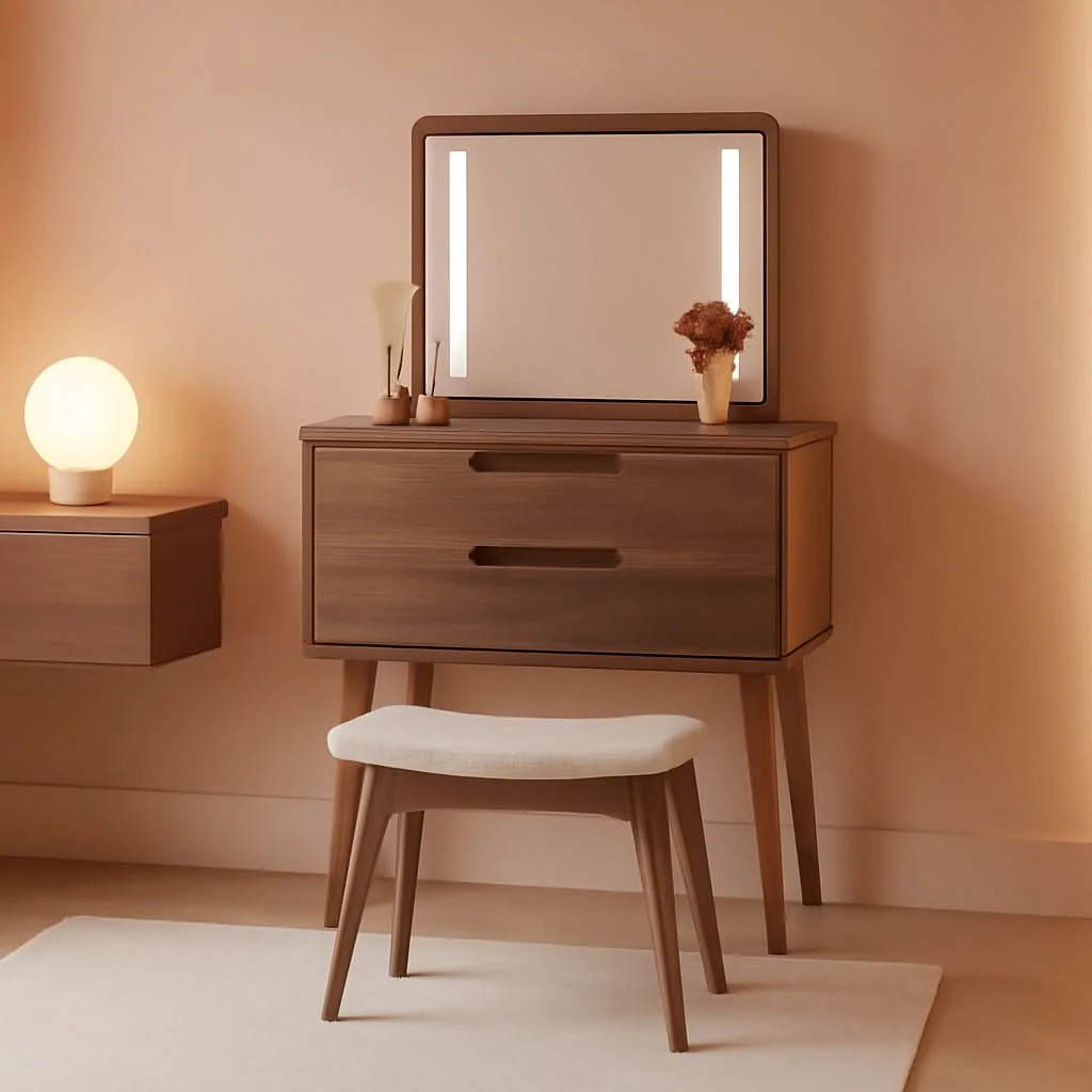 Luxury Walnut Finish Contemporary Vanity Desk Integrated Mirror Proven
