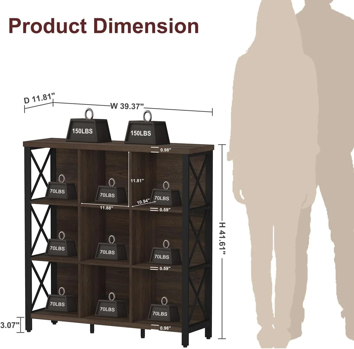Smart 9Cube Farmhouse Bookcase Dark Walnut Wood Storage Secure