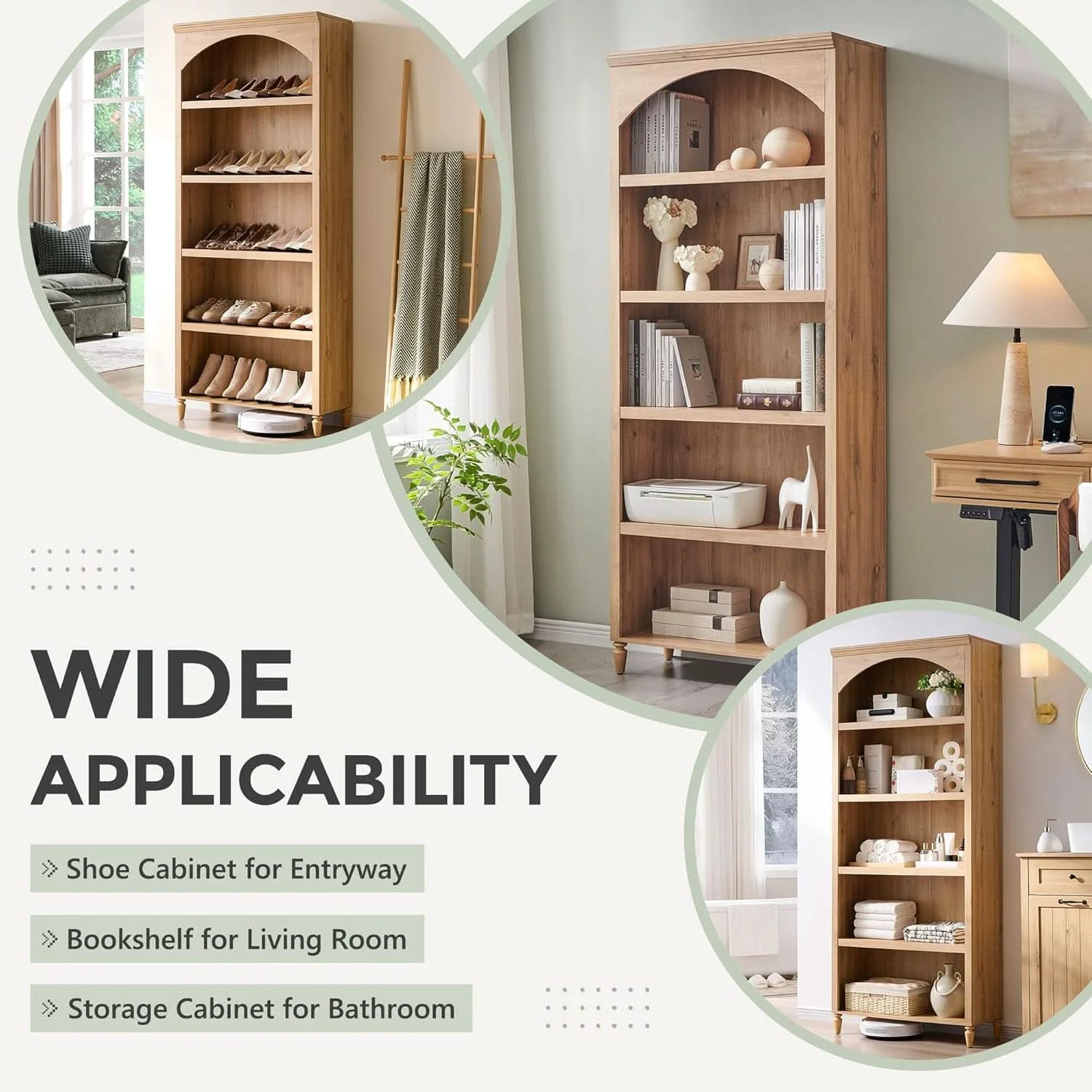 Minimalist 76 Inch Tall Arched Bookcase With Adjustable Shelves Practical