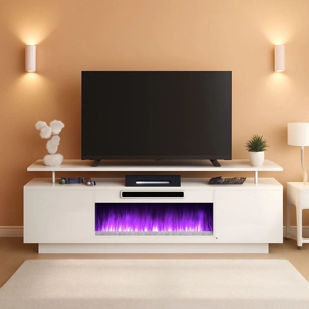 Lightweight White 36-Inch Electric Fireplace TV Stand With 70-Inch LED Entertainme Enhanced