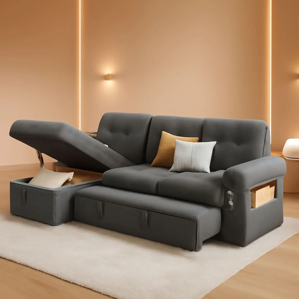 Detailed 84 Inch Sleeper Sofa Bed Dark Grey Velvet With LED Storage High-Quality