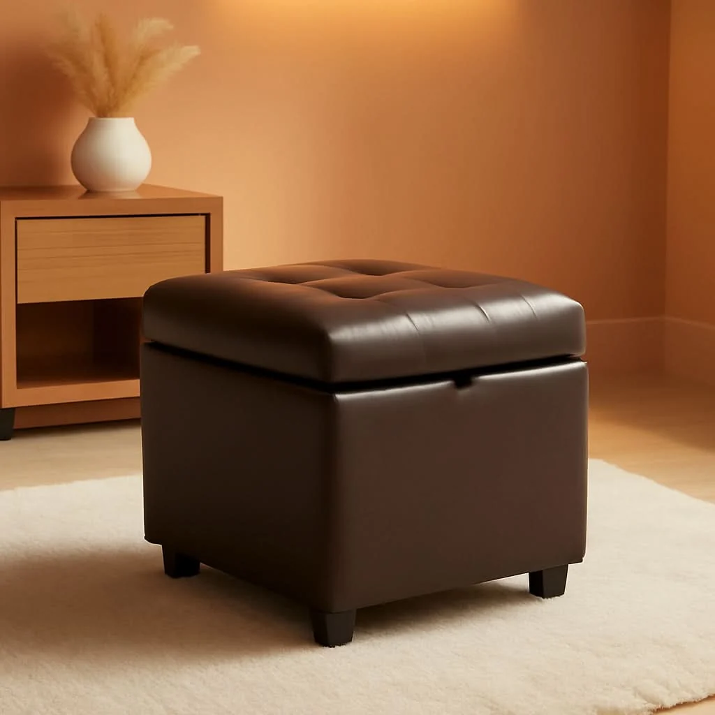 Comfortable Brown Leather Storage Ottoman Cube Tufting Sustainable