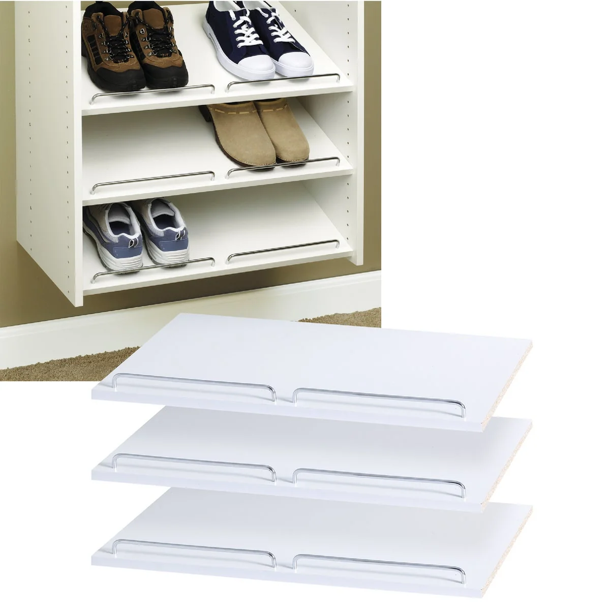 Efficient Easy Track 2 Ft. W. x 14 In. D. Laminated Shoe Shelf White 3-Pack Prestigious