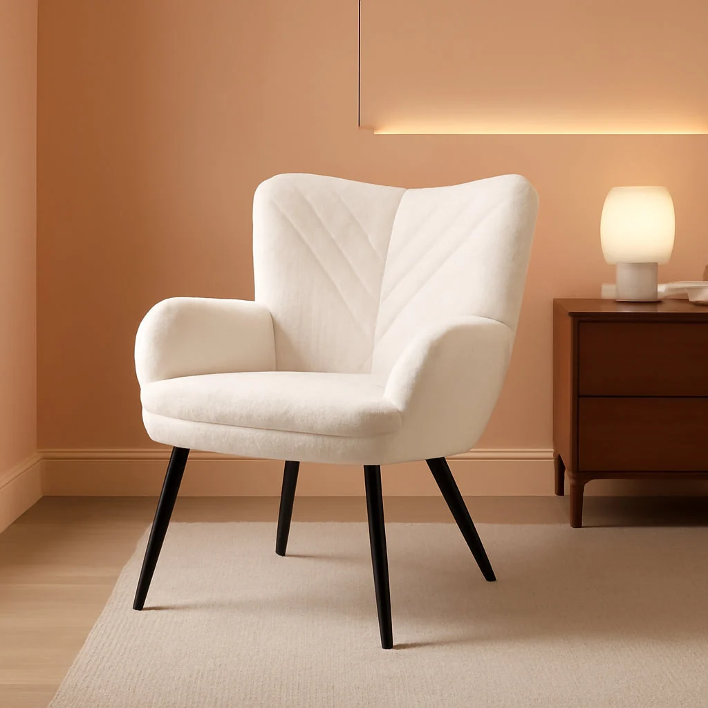 Soft Beige Sherpa Upholstered Accent Chair Curved Backrest Versatile