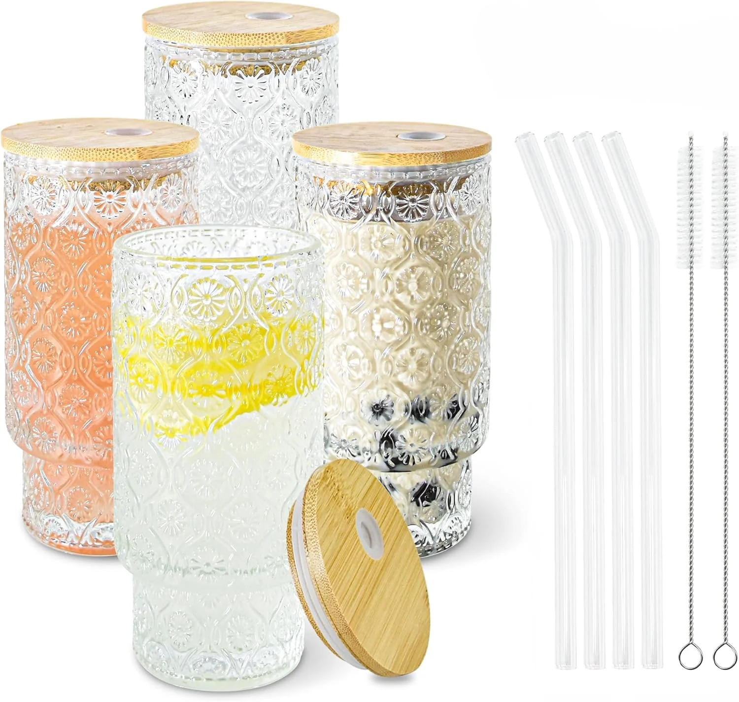 Minimalist 4 Pcs 11oz Drinking Glasses Cups Set with Bamboo Lids Straws Brush Small Embossed Glassware Set for Juice Iced Coffee Cocktail Whiskey Begonia 4 User-Friendly