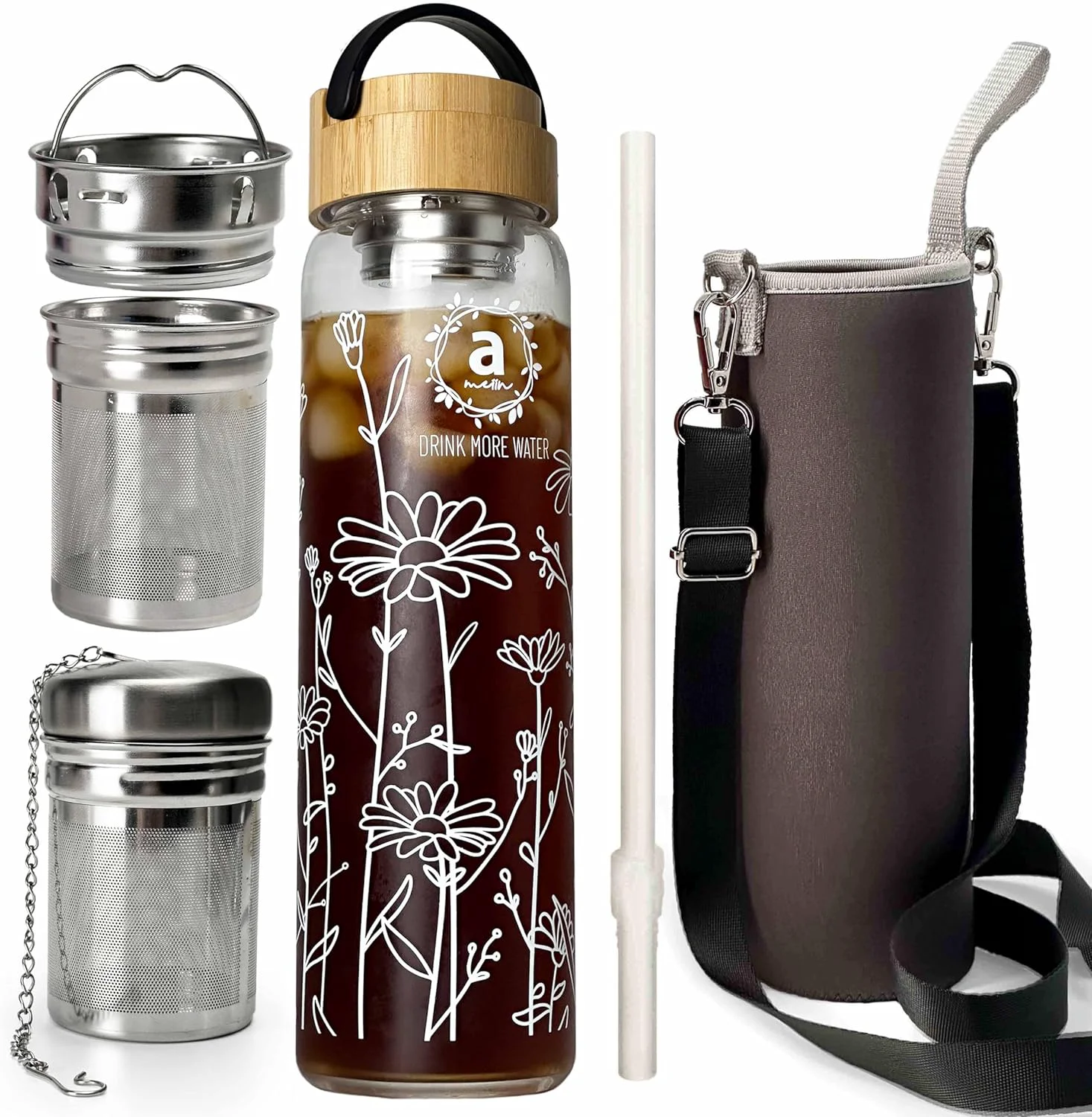 Authentic 32oz Borosilicate Glass Water Bottle with Bamboo Lid and 2 Tea Infuser Sets for Fruit Infused Water and Cold Brew Coffee Crafted