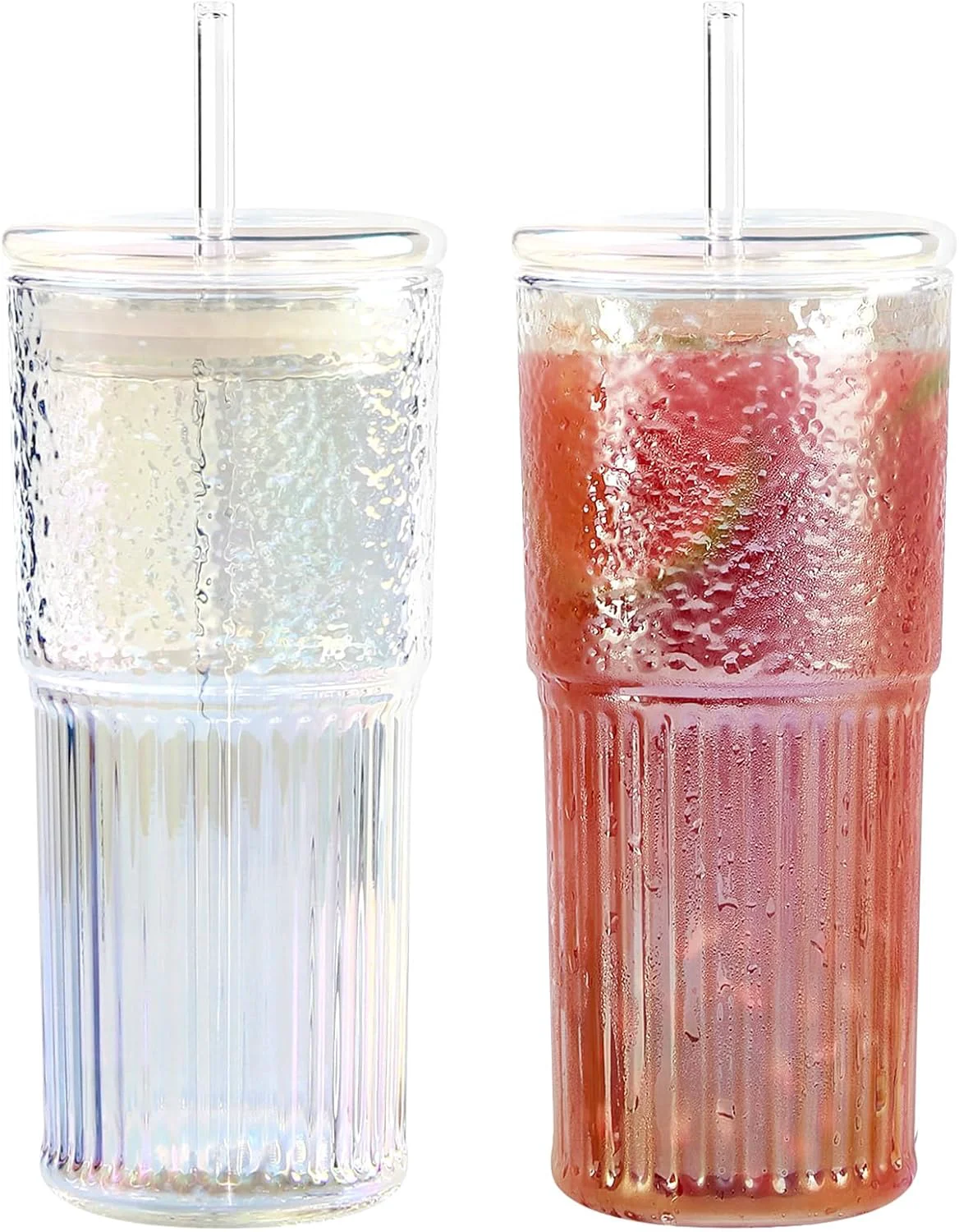Easy-to-Use Gosche 20oz Glass Cups with Straws and Lids Drinking Jar 2 Packs Iced Coffee Cups Glass Tumblers for Water Smoothie Milkshake Iridescent Enhanced