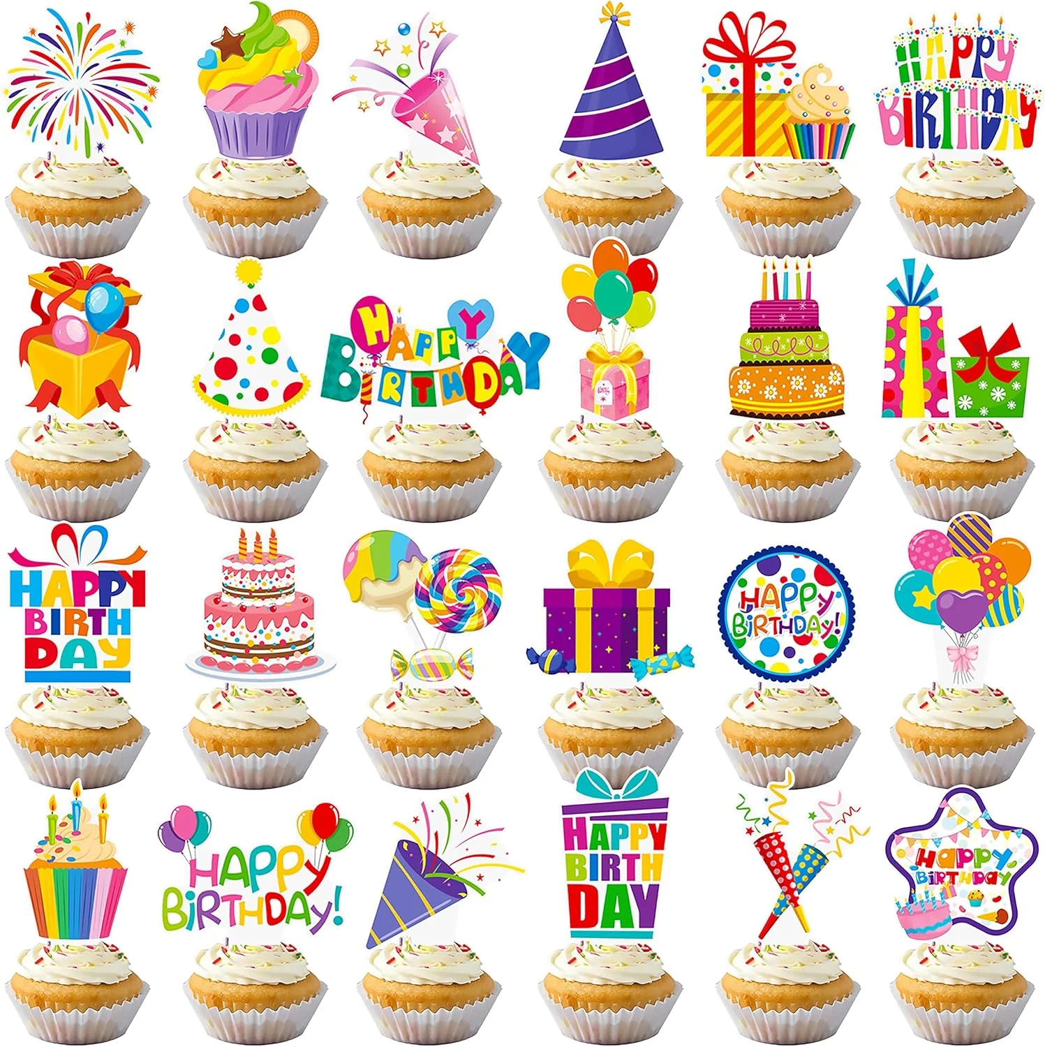 Classic 48pcs Happy Birthday Cupcake Toppers Colorful Birthday Cupcake Picks Decorations for Boy Girl Birthday Party Supplies Traditional