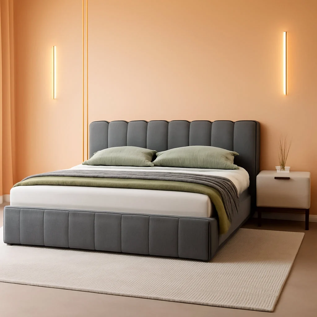 Official King Size Gray Chenille Upholstered Platform Bedstead Natural