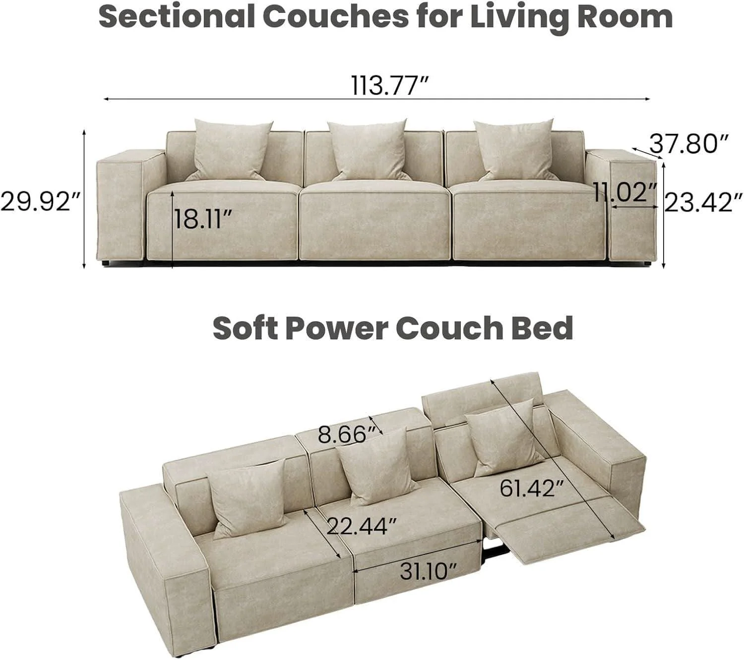 High-End Modular Sectional Sofa With Velvet Beige Finish Recliner Compact Layou Fine Crafted