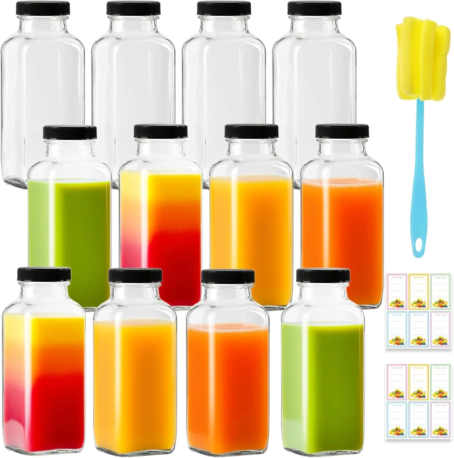Advanced 12 Pack 12oz Glass Drink Bottles with Lids 360ml Vintage Glass Water Bottles with Caps Reusable Juice Containers Drinking Jars for Juicing Milk Casual