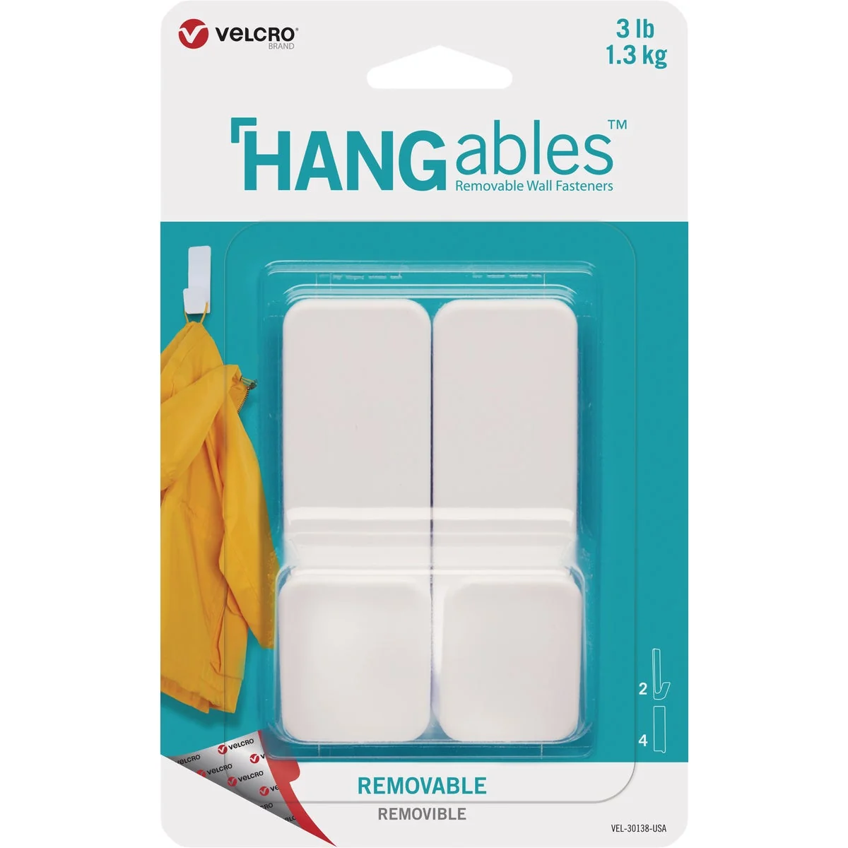 Convenient Velcro Brand Hangables 3 Lb. Capacity White Removable Medium Hook 2 Count Soft
