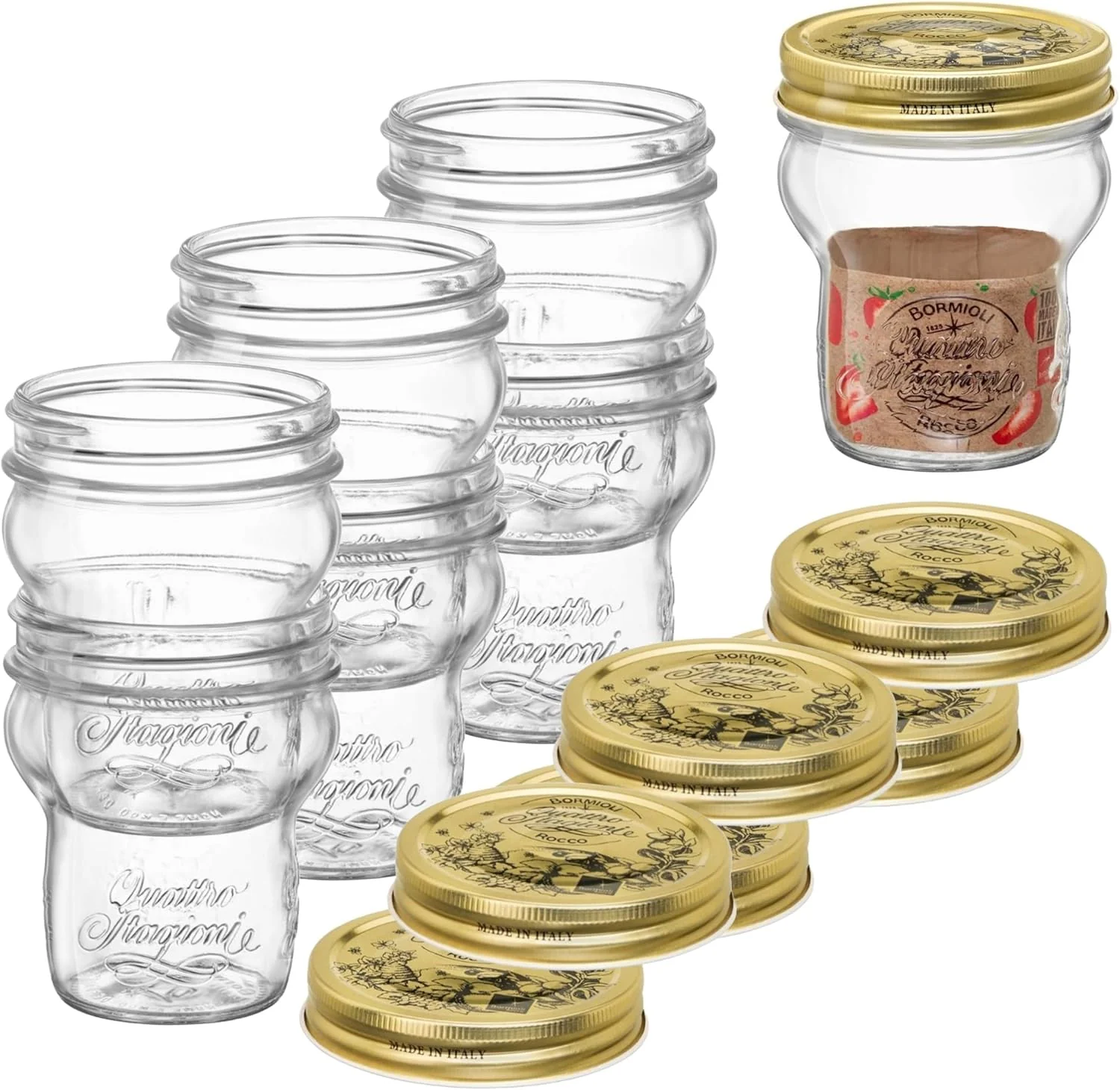 High-Grade Bormioli Rocco Quattro Stagioni Glass Jars Set of 6 - 9.25 Oz Stackable Storage Jars with Wide Mouth Aluminum Lids Natural