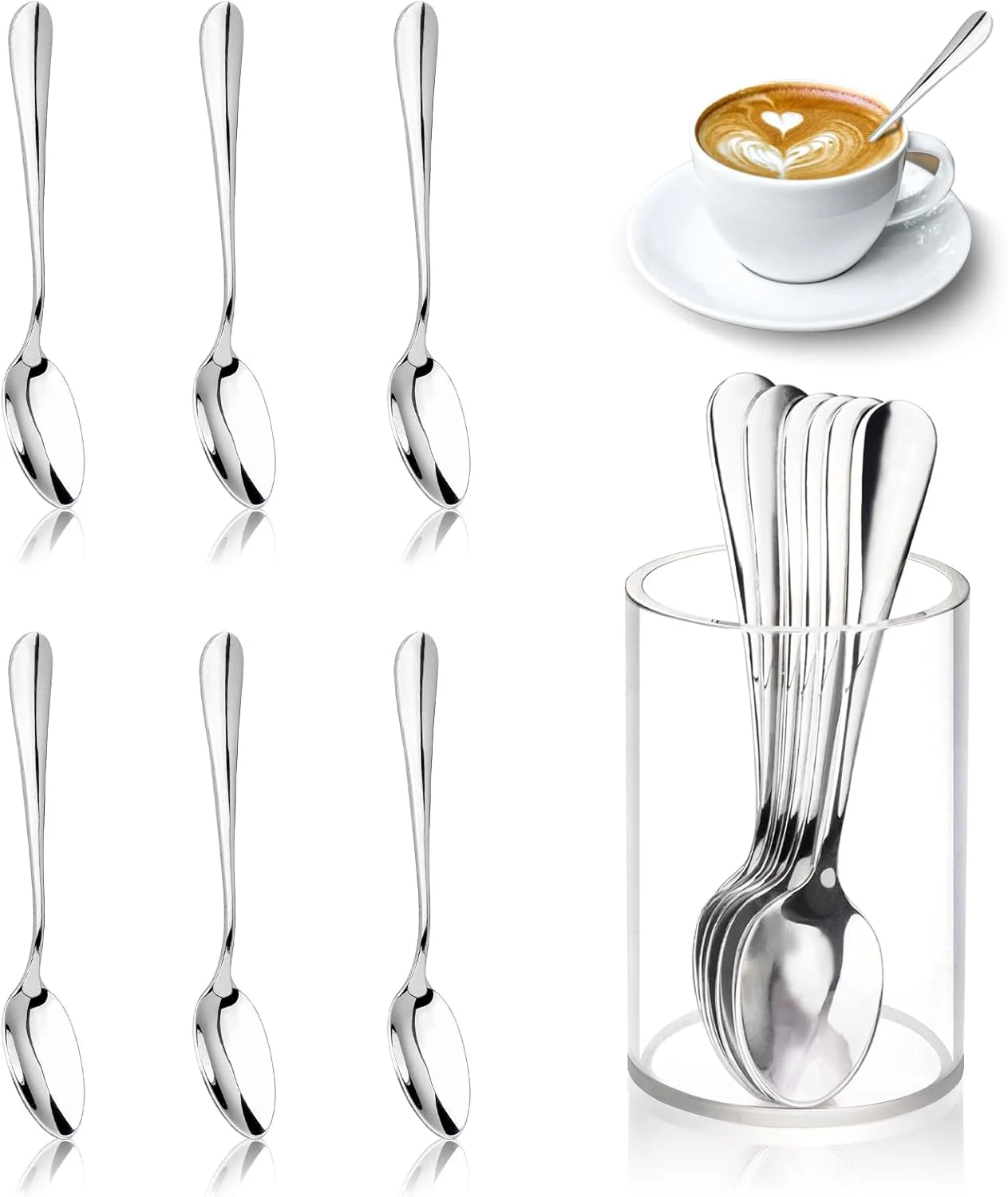 Traditional 6 Pcs Mini Coffee Spoons with Holder 4.7 inch Demitasse Espresso Stainless Steel Spoons Silver with Acrylic Cylinder Holder for Coffee Bar Home Tea Safe