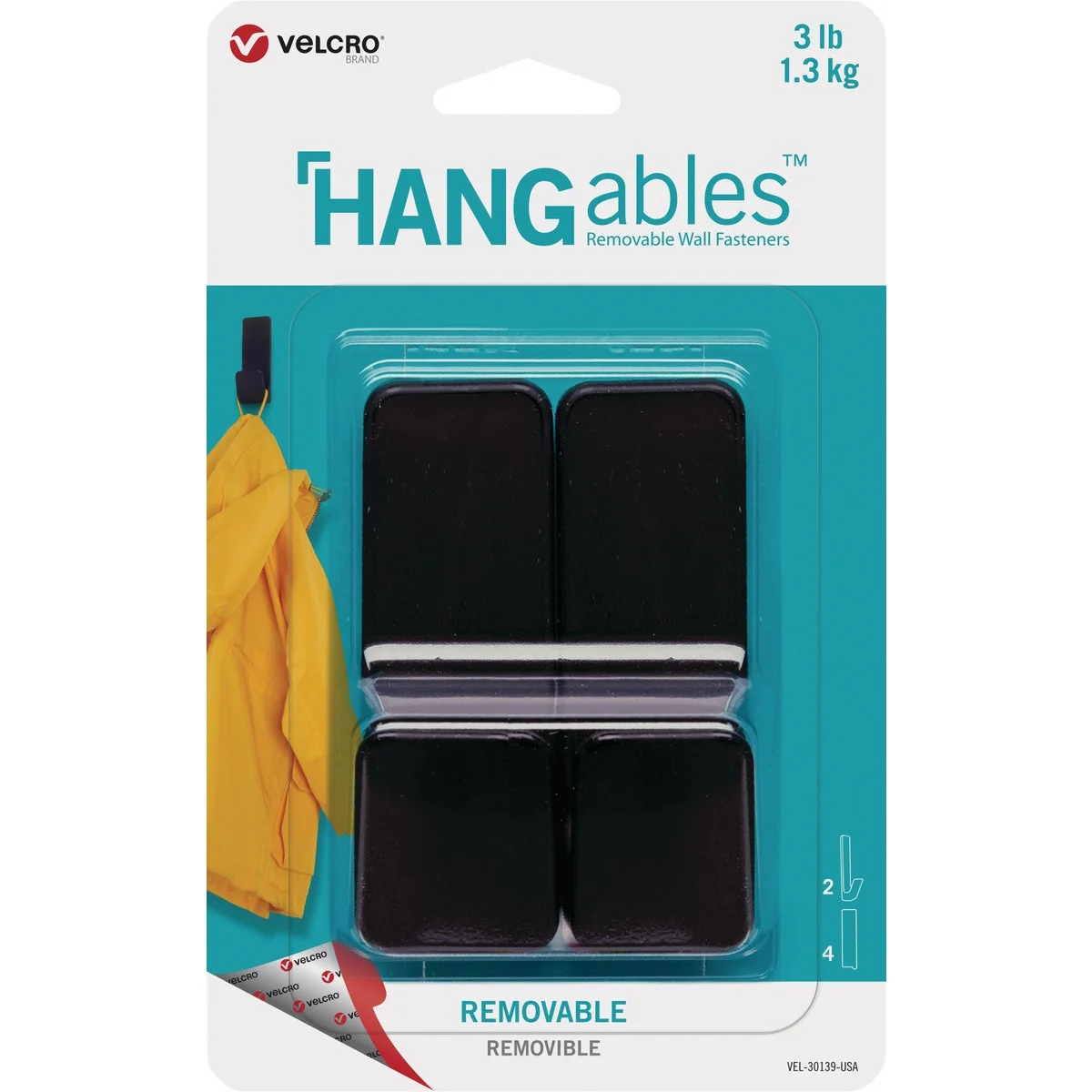 Convenient Velcro Brand Hangables 3 Lb. Capacity Black Removable Medium Hook 2 Count Pure