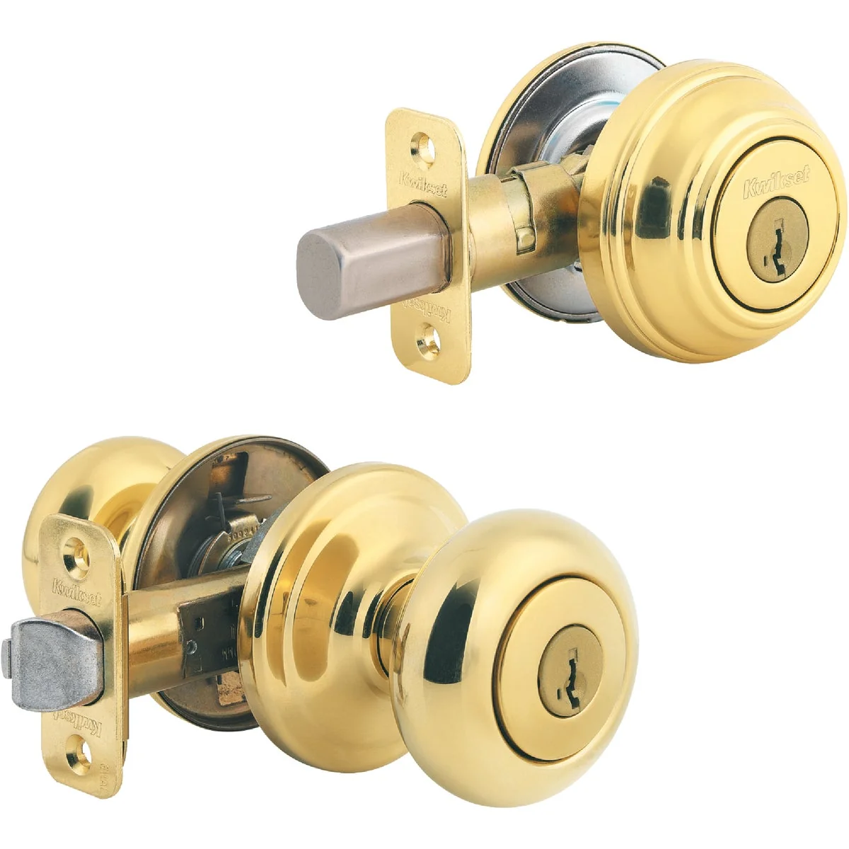 Traditional Kwikset Signature Series Polished Brass Deadbolt and Door Knob Combo Fast