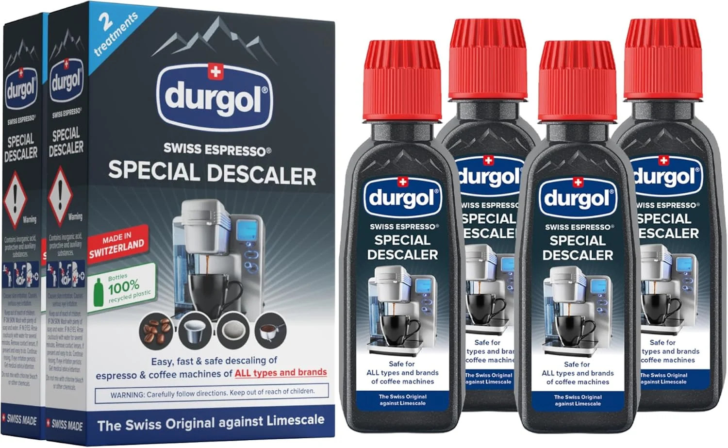 Secure Durgol Swiss Espresso Descaler and Decalcifier for All Brands of Espresso Machines and Coffee Makers 4.2 Fluid Ounces Pack of 4 High-Grade