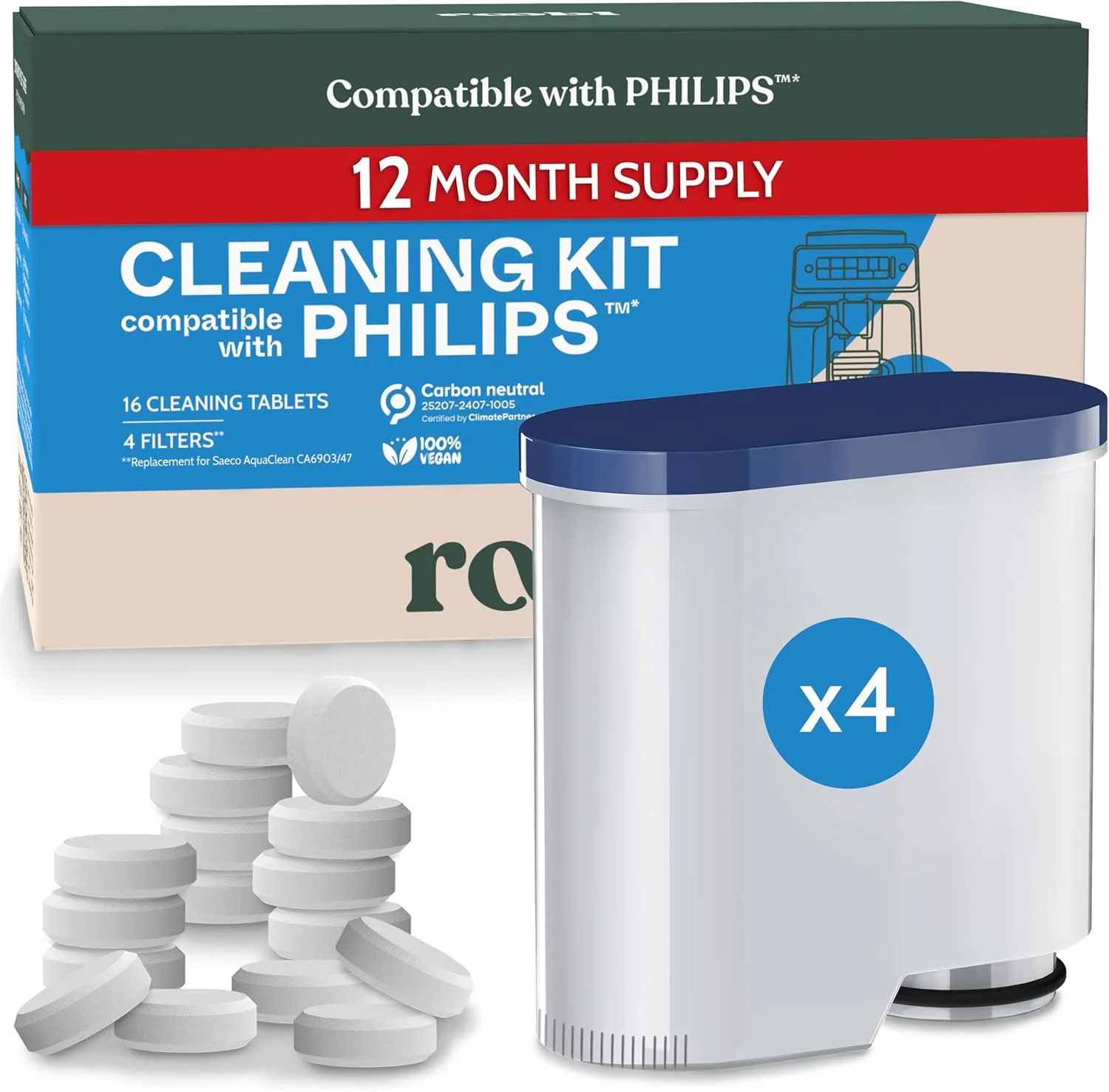Specialty Roobi Cleaning Tablets Filters Compatible with Philips. Includes 16 Espresso Cleaning Tablets 4 Water Filters Authentic