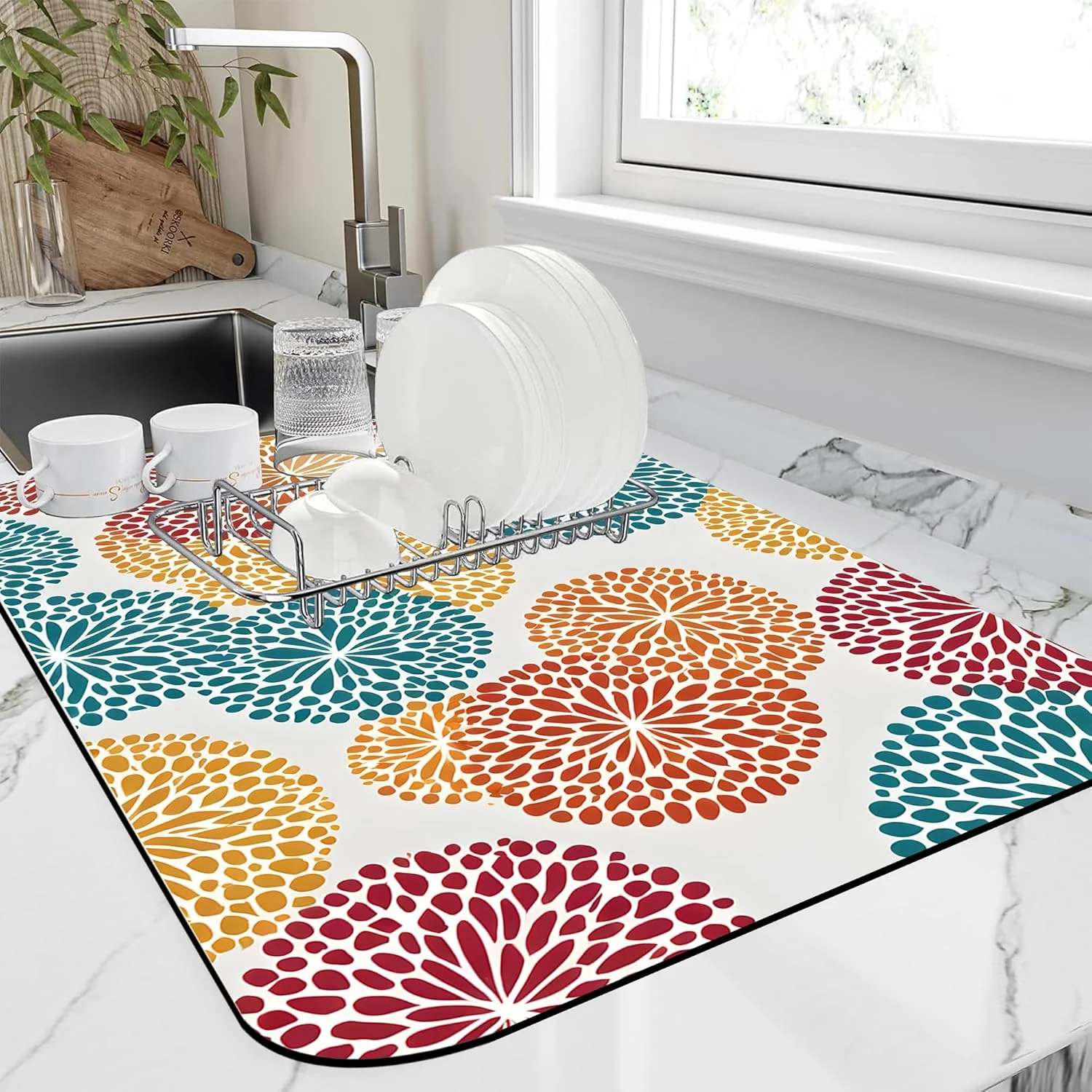 Crafted Abstract Floral Elements Dish Drying Mat Artifical Floral Kitchen Mat 12 x19 Bsorbent Coffee Maker Mat for Dishes Classic