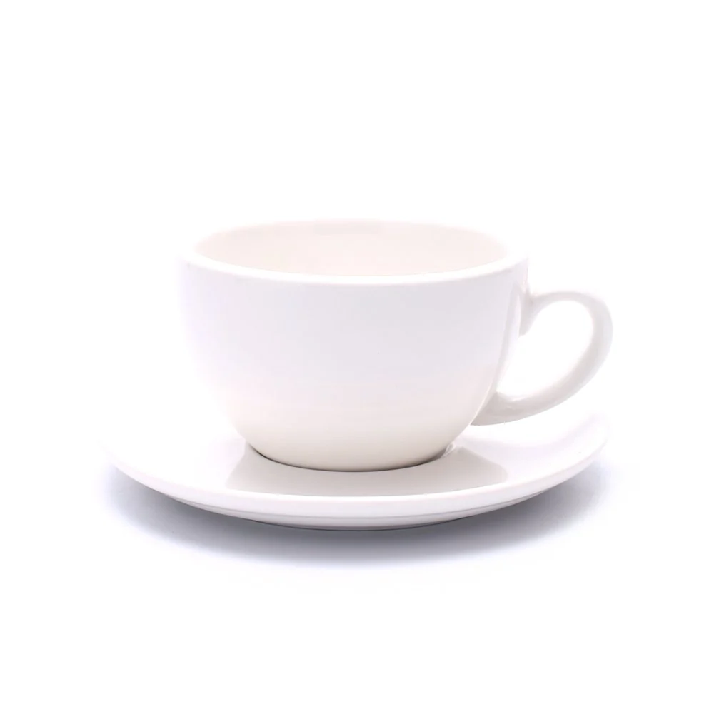 Minimalist Latte Art Ceramic Cup and Saucer Cappuccino Fine Porcelain Mate for Coffee Shop and Barista Glossy White 10.5 oz Versatile