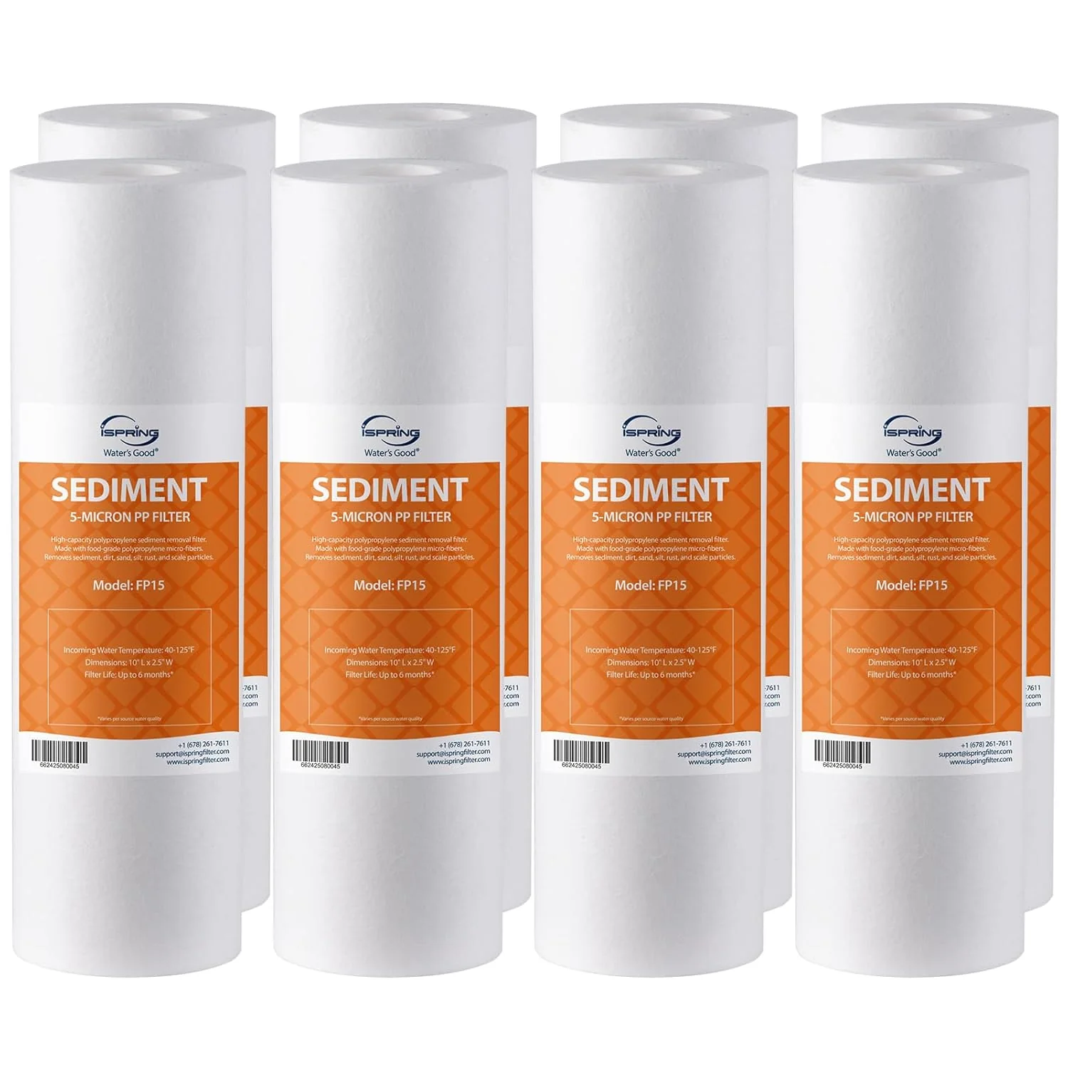 Powerful iSpring FP15X8 NSF 10 x2.5 Multi-Layer PP Universal Sediment Filter Cartridges 5 Micron 8-Pack Solid