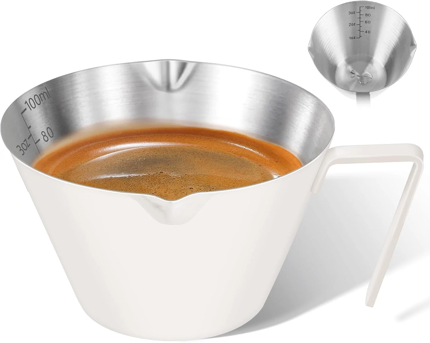 Smart 1 Pc Stainless Steel Espresso Shot Cup with Dual Scale 3.4oz 100ml White Double Spout Measuring Cup with Handle V-Shaped Mouth I for Espresso Brewing and Coffee Making Reusable