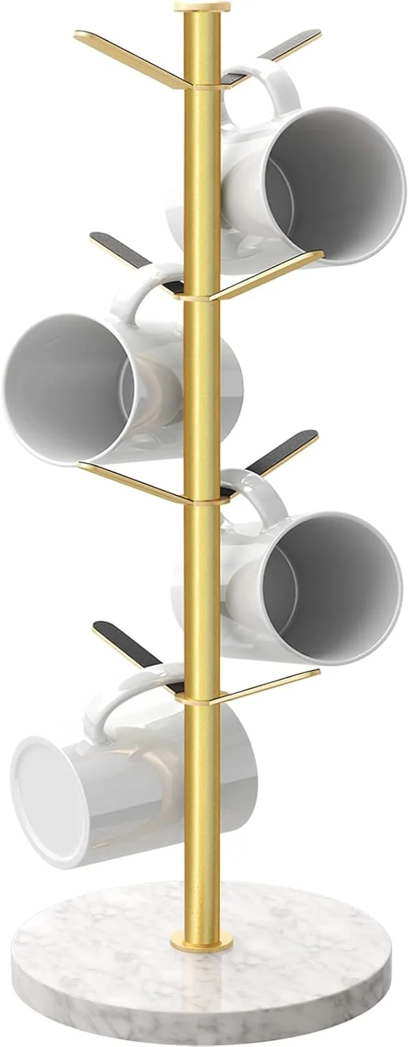 Next-Generation Gold Mug Holder Tree with Marble Base 8 Hooks Coffee Cups Holder Stand New Upgrad Stable Removable Mug Rack for Kitchen Cafe User-Friendly