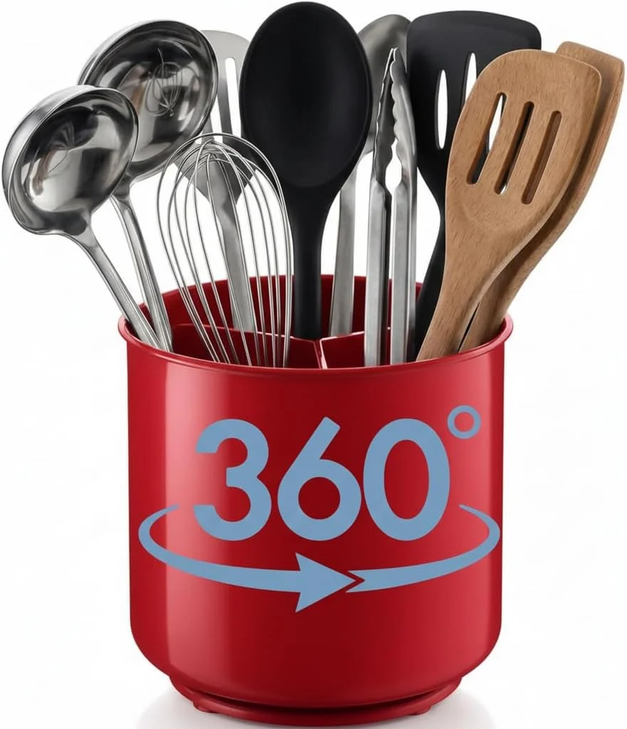 Fine Crafted Extra Large Rotating Red Utensil Holder with Sturdy No-Tip Weighted Base Removable Divider and Gripped Insert Rust Proof and Dishwasher Safe Kitchen Utensils Holder by Cooler Kitchen 7 7 Inches Crafted
