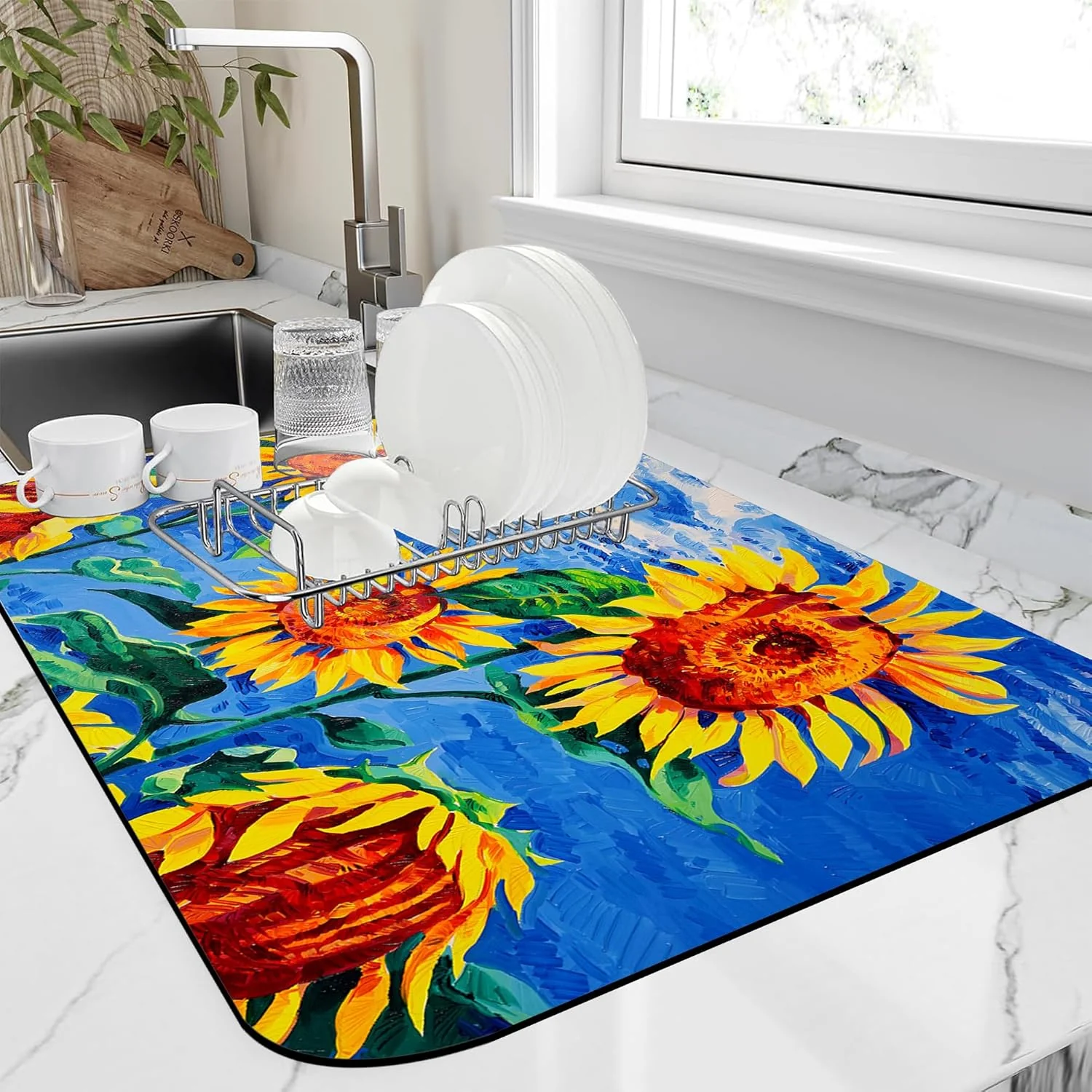 Outstanding Kitchen Mat Oil Painting Sunflowers Dish Drying Mat 16 x24 Bsorbent Coffee Maker Mat for Sink Dishes or Under Rack Kitchen Counter Accessories High-Performance