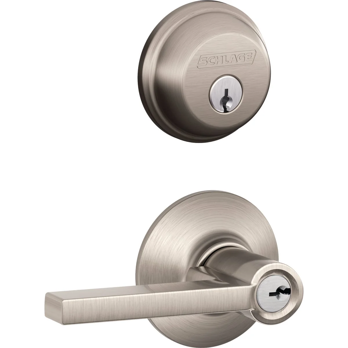 Reliable Schlage Satin Nickel Single Cylinder Deadbolt and Keyed Entry Latitude Lever Combination Pack Traditional