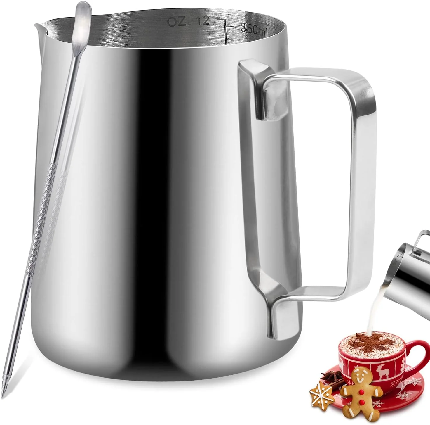 Sustainable Stainless Steel Espresso Milk Frothing Pitcher - 12OZ 350ML Coffee Milk Frother Cup with Decorating Art Pen for Espresso Machine Latte Art High-Performance