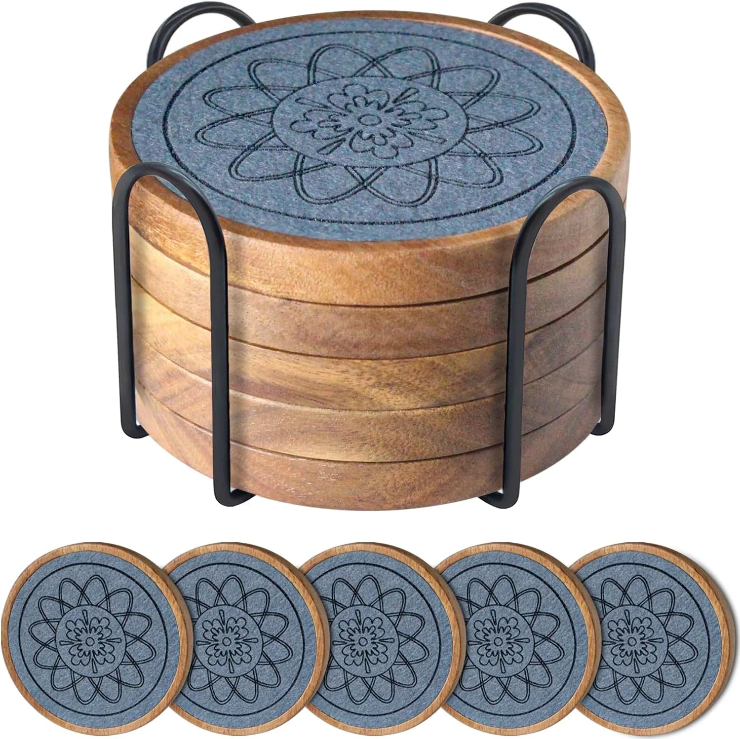 Luxury 5 Pack Absorbent Coasters for Coffee Table with Holder Wood Coasters with Felt Pads Non-Slip Non-Stick Suit for Kinds of Cups 4.3 inch Gray Recyclable
