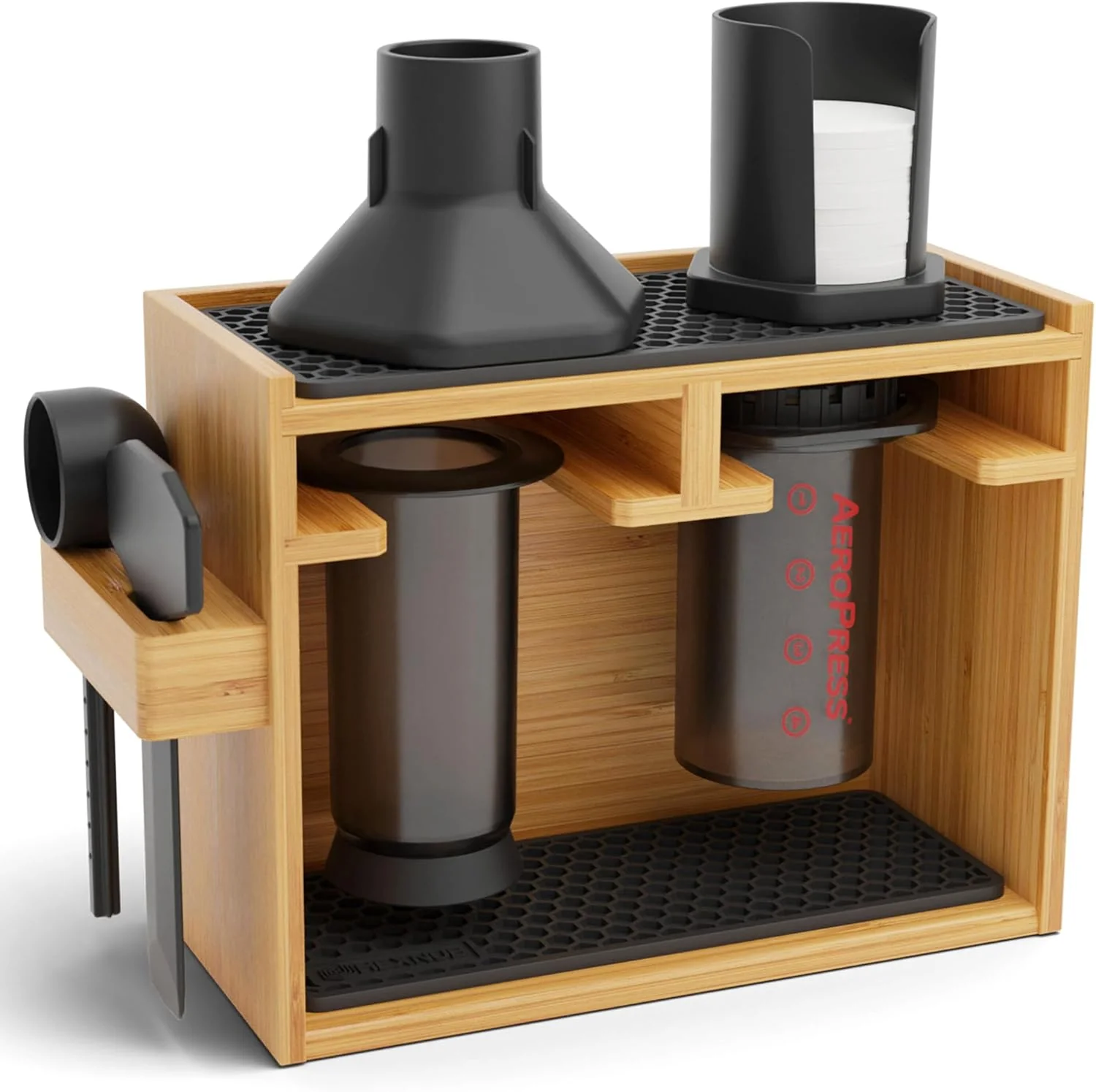 Optimized Hexnub – Bamboo Organizer for AeroPress Coffee Caddy Station Holds AeroPress Coffee Maker Accessories Filters Cups Reusable