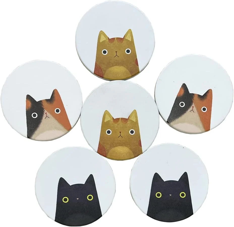 Crafted Coasters Set of 6 Round Ceramic Stone Absorbent Cute Cat Drinks Coasters for Cups and Mugs Coffee Table Office Desk Outdoor Patio Table Traditional