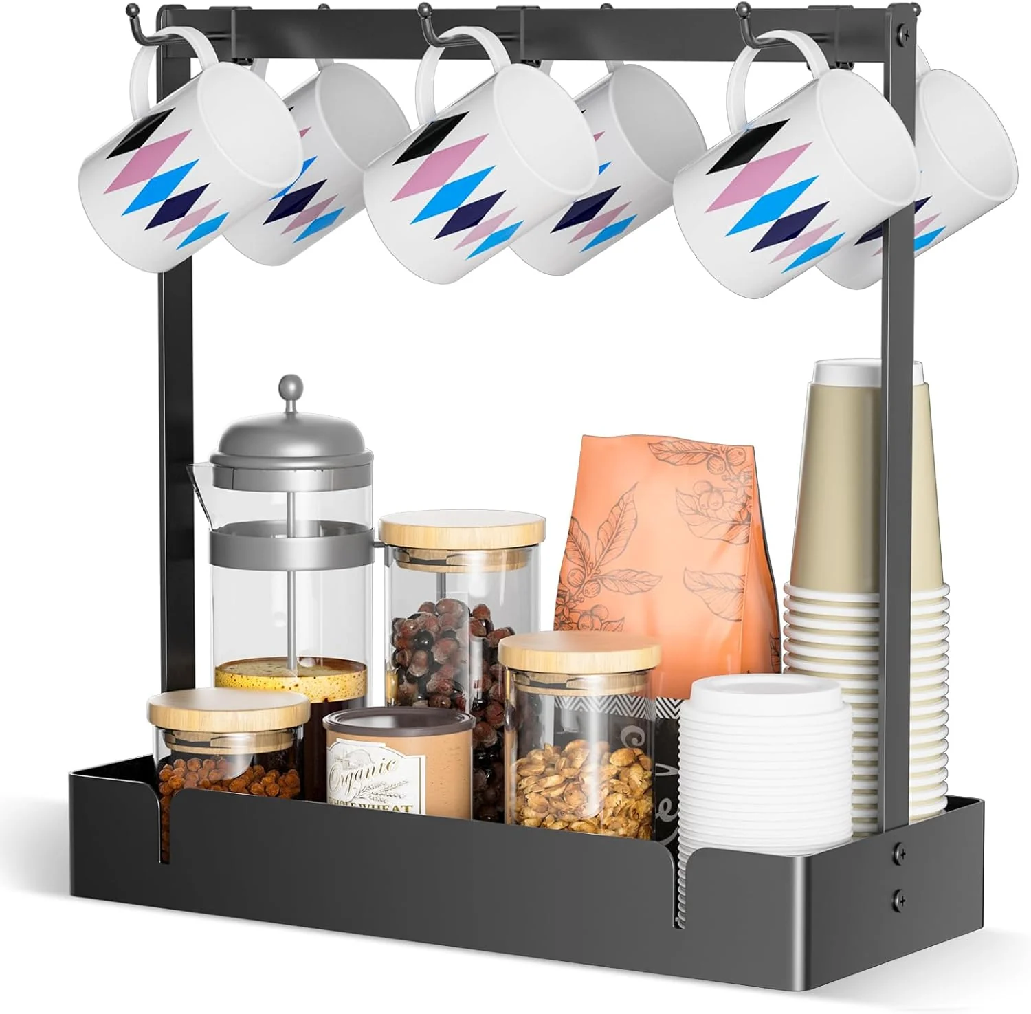 Expertly Made Rchyfeed Coffee Mug Holder Organizer with Movable Hooks Coffee Cup Holder for Countertop Metal Coffee Mug Tree Stand with Storage Basket Fast