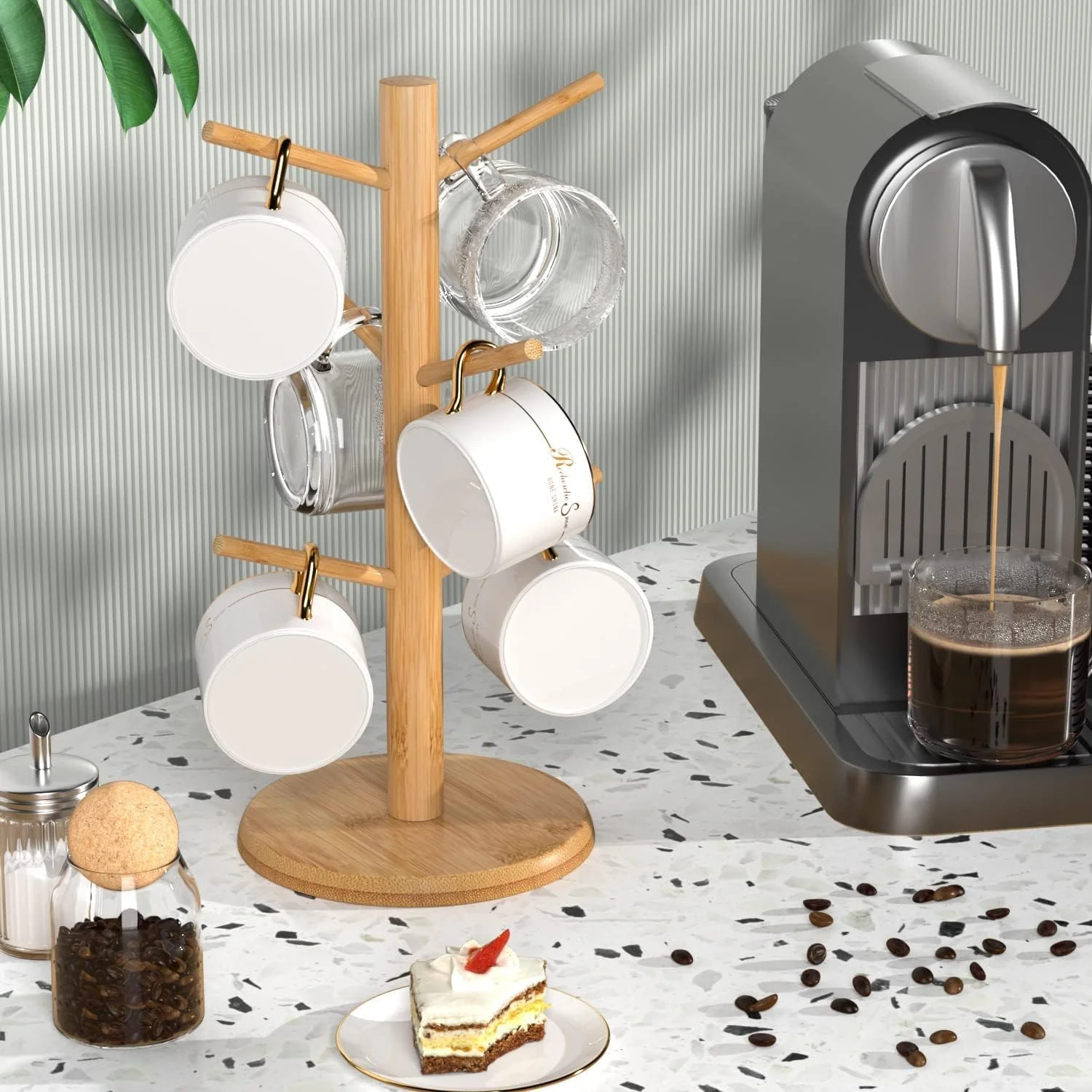 Selected Wisuce Coffee Mug Tree Bamboo Mug Holder Coffee Cup Stand Mug Holders for Countertop Coffee Mug Rack Organizer Stand with 6 Hooks Efficient