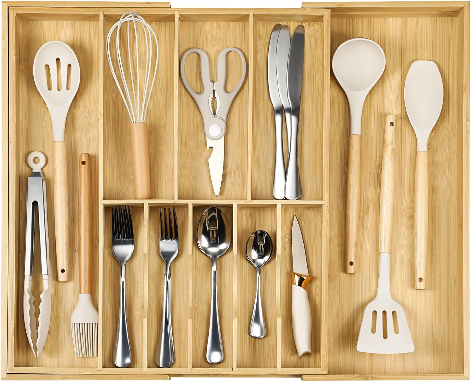 Elite Fabsome Silverware Organizer for Cabinet Drawer Expandable from 16.7'' to 30'' Wide Bamboo Wood Flatware Tray for Large Kitchen Drawers Proven