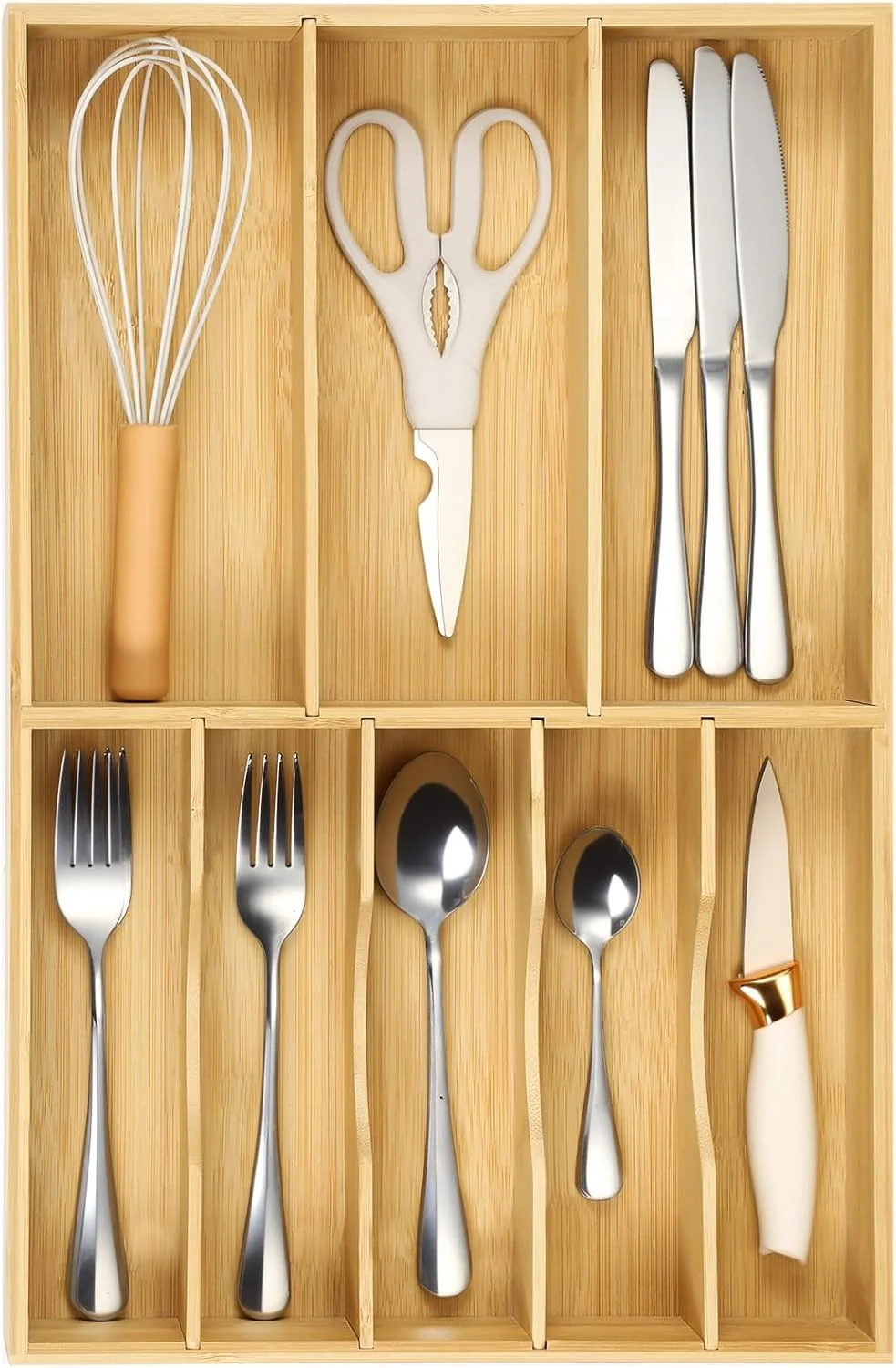 Practical Fabsome Silverware Organizer for Kitchen Drawers 2.5'' Deep 12.8'' Wide Bamboo Wood Flatware Tray with Deep Slots for Large Cutlery Utensil Drawer Casual