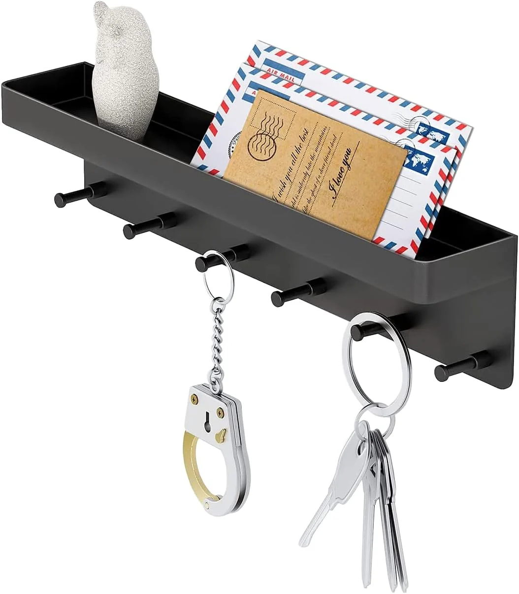 High-Performance MKO Key Holder Wall Mount Key Holder Wall Mount Adhesive with Mail Organizer Tray with 6 Key Hooks for Wall Black Secure