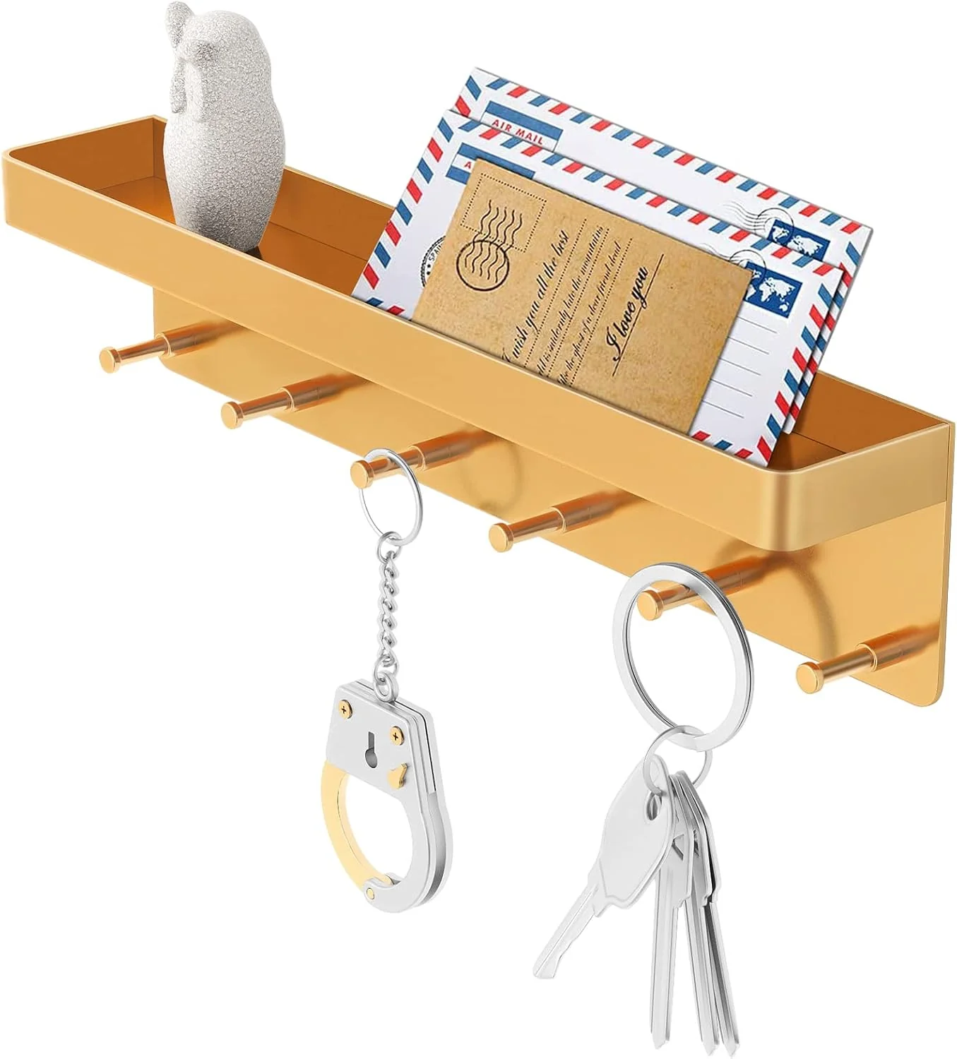 Fast MKO Key Holder for Wall Mail Organizer and Key Rack with Tray for Hallway 6 Key Hooks Wall Mount Adhesive Gold Detailed