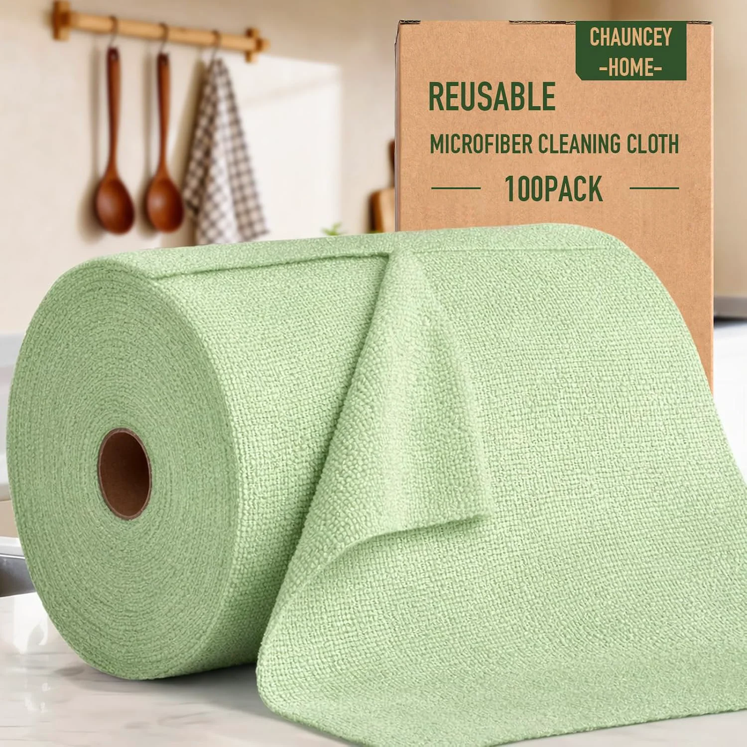 Efficient Microfiber Cleaning Cloth Roll - 100 Pack Tear Away Microfiber Paper Towels Reusable Washable Scratch- Kitchen Towels for Car Home Kitchen Glass Dishes Bean Green High-Grade