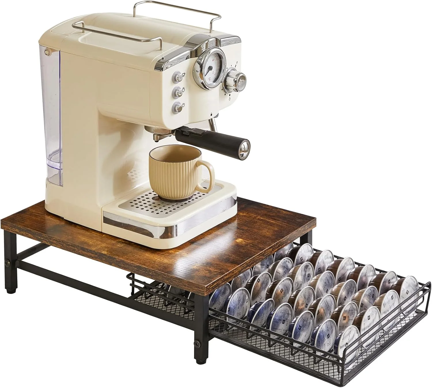 Convenient Ibuyke Coffee Pod Drawer Holder 40 Capsule Pods Compatible for Nespresso Vertuo Pods Wooden Top and Mesh Shelves Carefully Designed