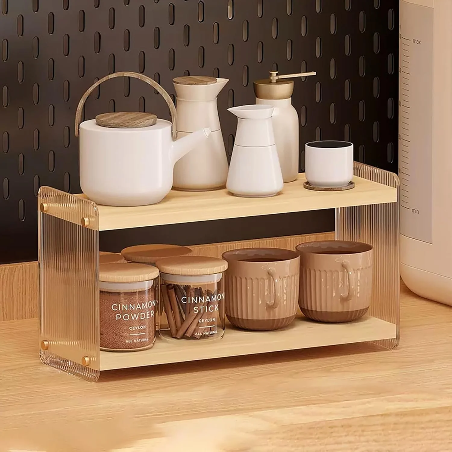 Natural LiTY Coffee Station Organizer 2 Tier Acrylic Home Storage Mugs Hooks for Kitchen Countertops Coffee Bars for Placing Mugs Coffee Beans Syrup Genuine
