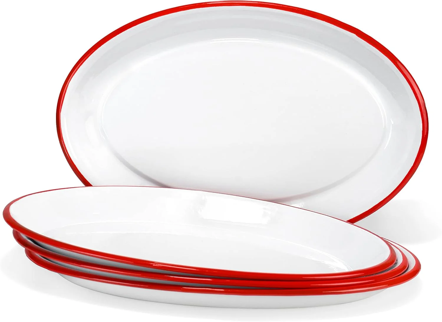 Breathable Red Co. Set of 4 Enamelware Metal Classic 13 Serving Oval Tray Platter Solid White Red Rim Powerful