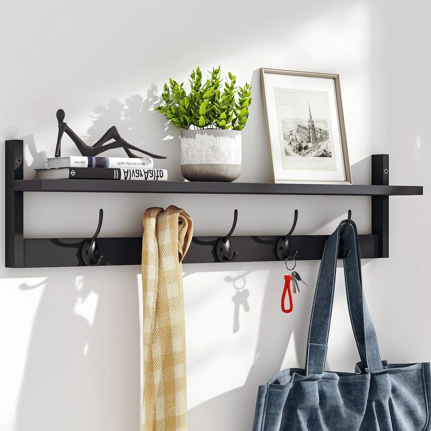 Fast Bameos Wall-Mounted Shelf with Hooks - 28.9 Inch Entryway Hanging Shelf with 5 Dual Hooks for Bathroom Living Room Bedroom Black Premium Material
