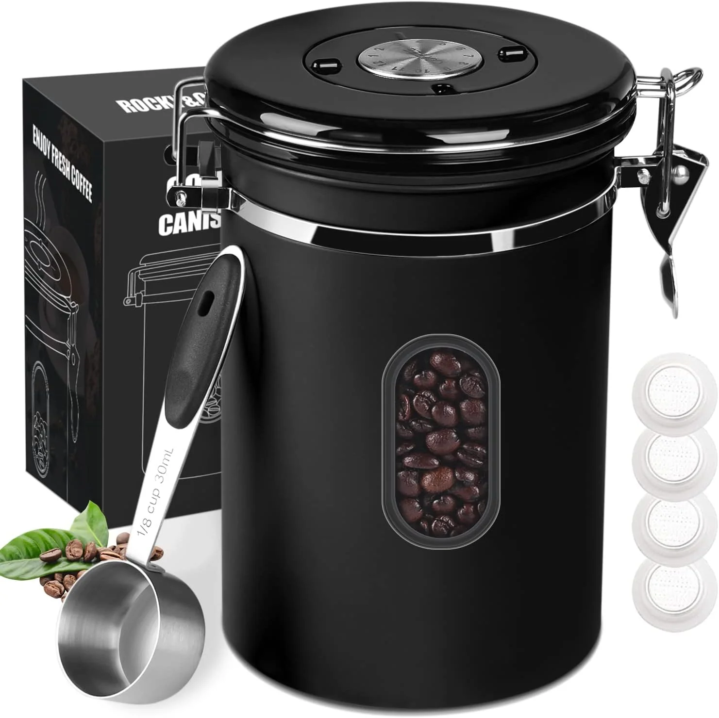 Authentic ROCKY CHAO 2800ML Coffee Canister with Date Tracker Transparent Window 35OZ Coffee Container with 30ML Measure Spoon 4 co2 Valve High-Quality