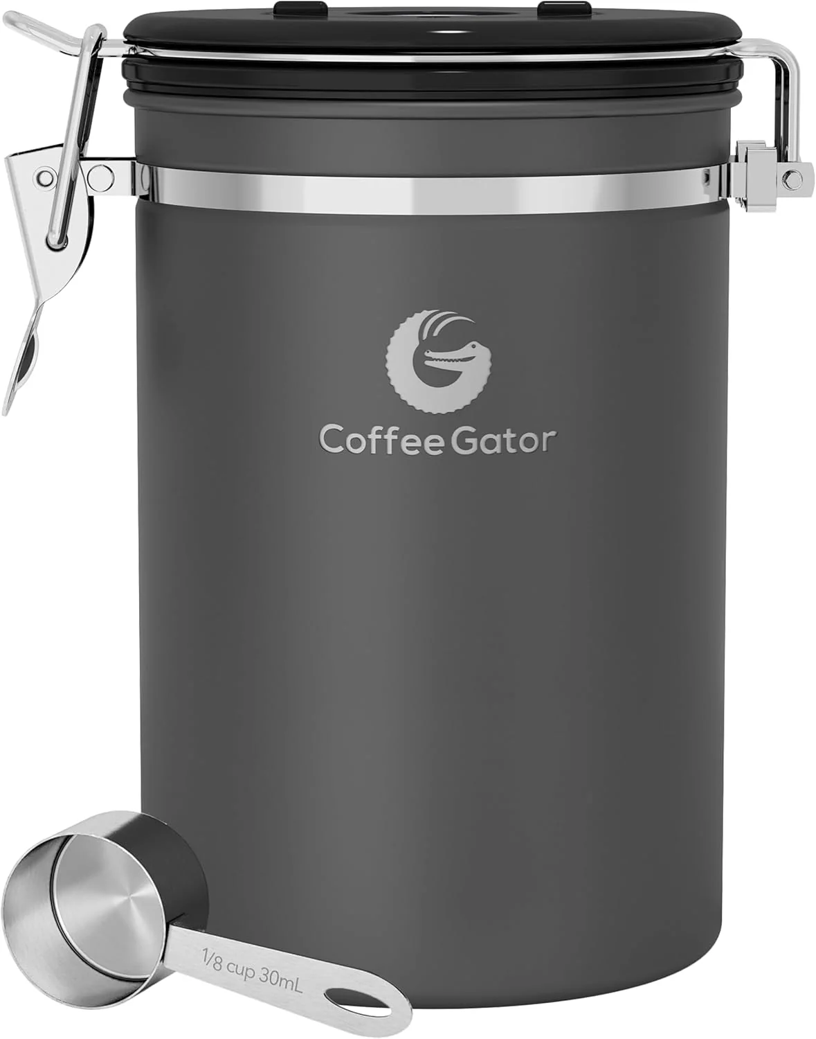Certified Coffee Gator Coffee Canister 22oz Airtight Stainless Steel Kitchen Food Storage Container with Date-Tracker CO2-Release Valve and Scoop for Beans Clean