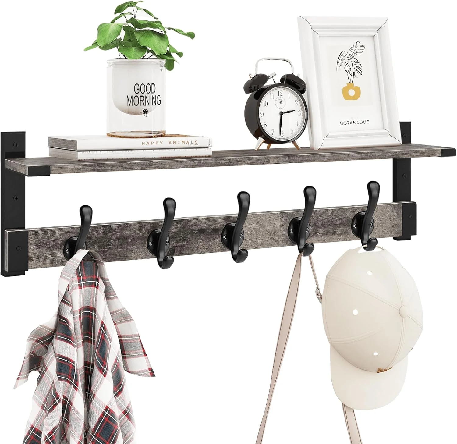 Fast Homode Coat Rack Wall Mount with Shelf 29 Inch Wood Wall Shelf with Hooks Entryway Coat Hanger Wall Mount with 5 Hangers for Bathroom Bedroom Convenient