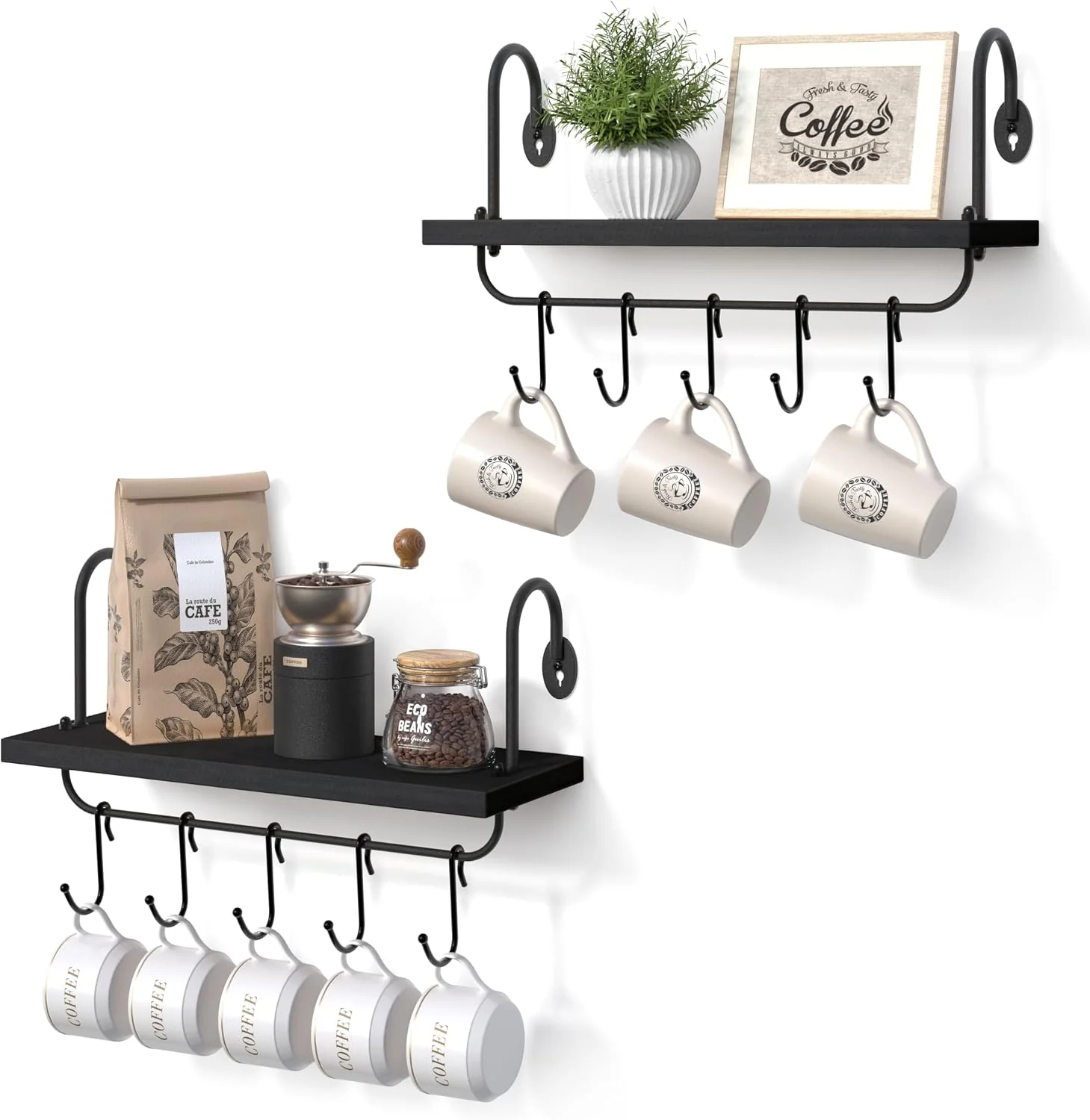 Exceptional Olakee Floating Wall Shelves for Kitchen Bathroom Coffee Nook with 10 Adjustable Hooks for Mugs Cooking Utensils or Towel Rustic Storage Shelves Set of 2 17x5.9 inch Black Excellent