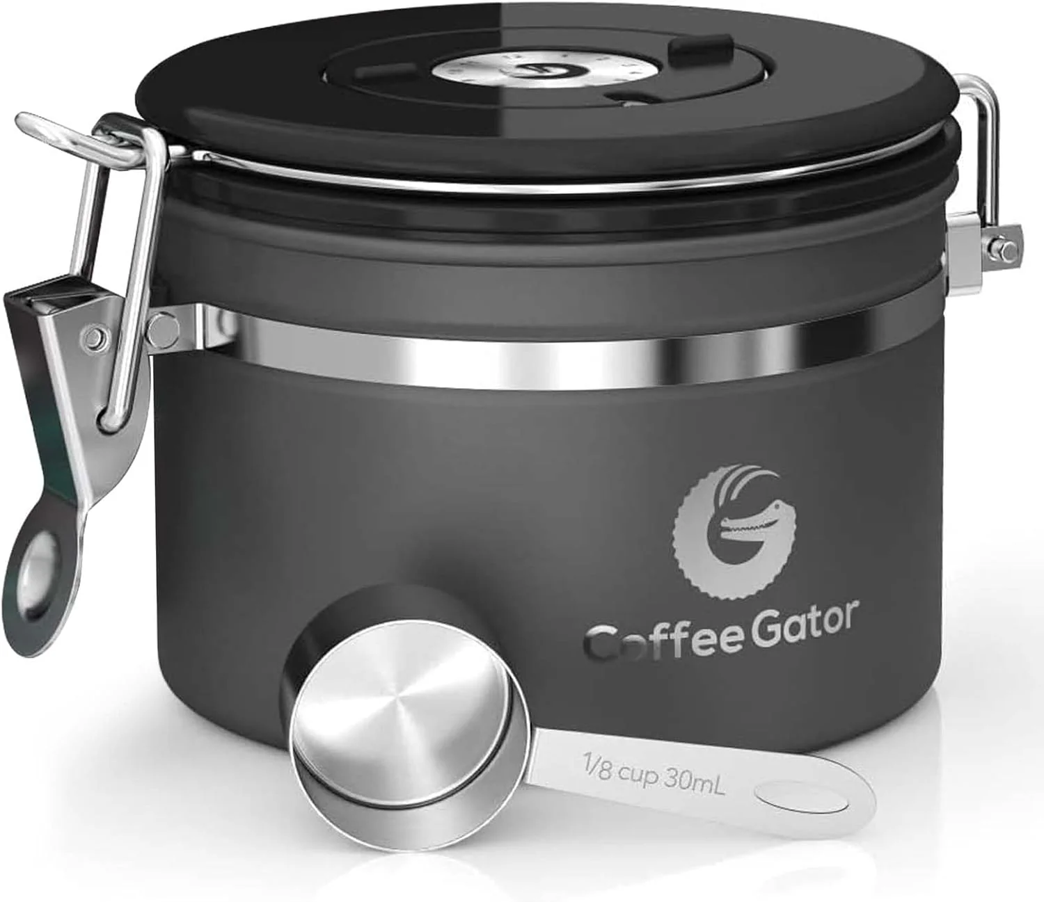 Versatile Coffee Gator Coffee Canister 11oz Airtight Stainless Steel Container w Date Tracker Scoop Kitchen Food Storage Jars for Beans Ground Espresso Rice Tea Sugar Cookie Bar Accessories Gifts Artisan